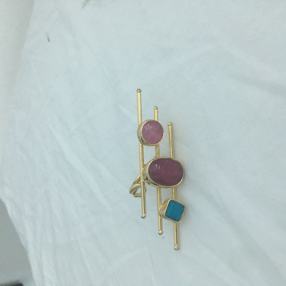 Gold Pl Ring With Agate. Size Adjustable Nwot - image 4